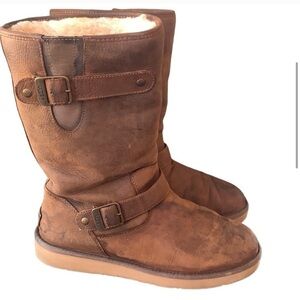 UGG Sutter Toast Brown Suede Moto Shearling Calf Height Boots Size 11